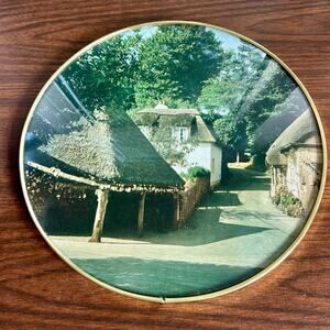 Vintage Round Bubble Glass Wall Art English Cottage Scene 12” Gold Frame